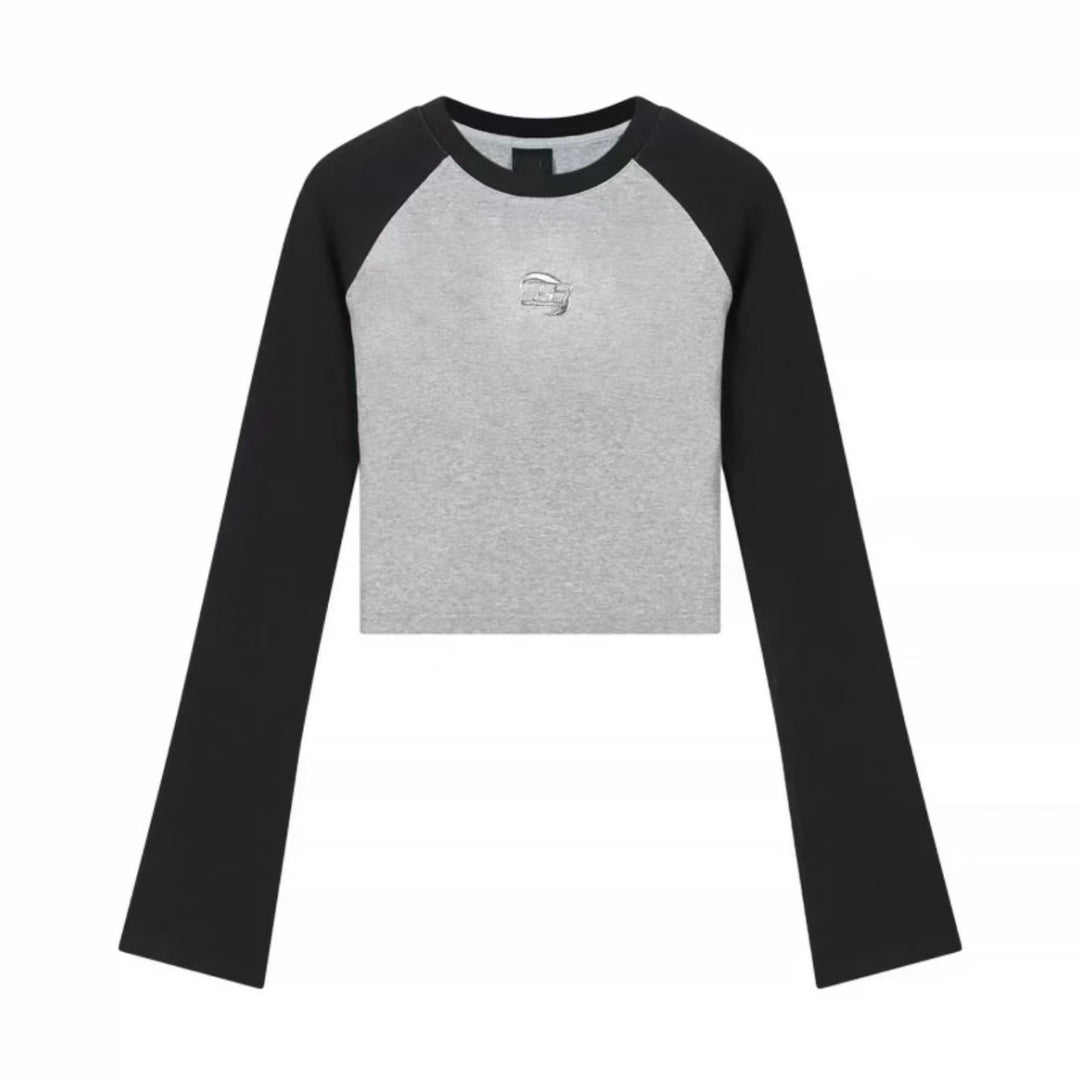 Autumn And Winter Korean Style Sense Of Design Raglan Sleeve Black And Gray Contrast Color Long Sleeves Women