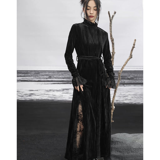 retro velvet mesh slim black dress, view 2 - MRSLM