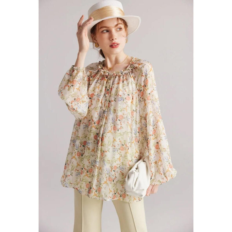 floral ruffle silk-blend blouse, view 6 - MRSLM