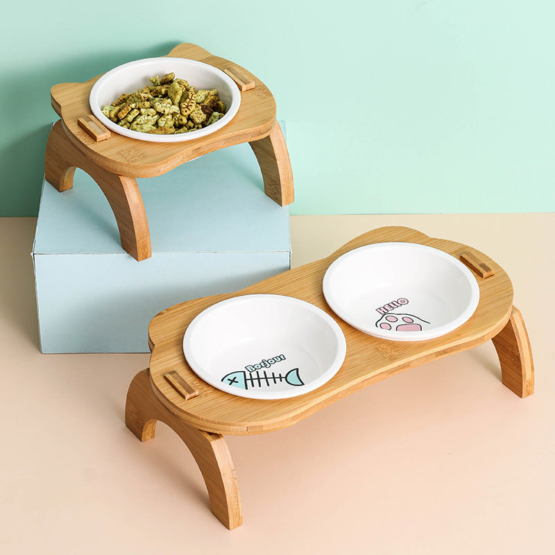 elevated bamboo double cat and dog bowls, view 7 - MRSLM