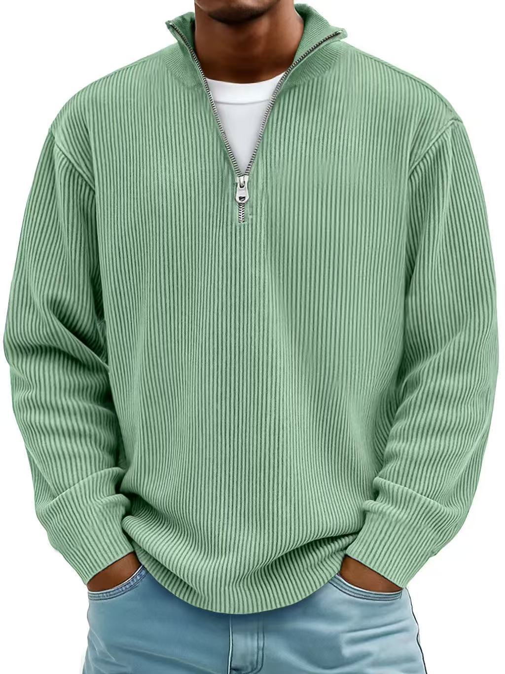 Corduroy Zipper Stand Collar Sweatshirt Fashion Warm Solid Color Long Sleeve Top Men&
