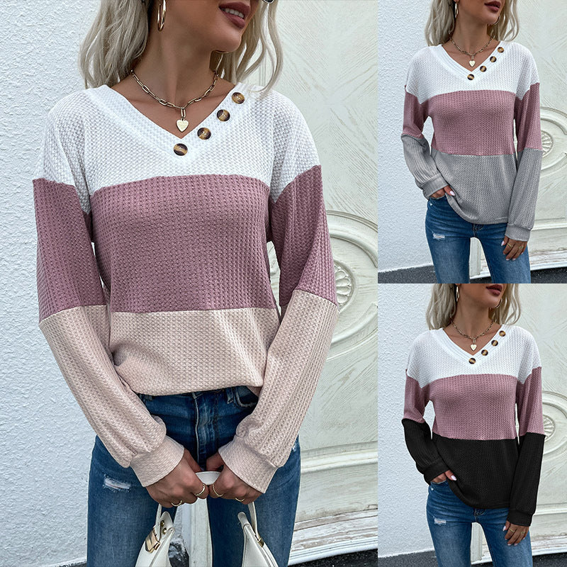women's color block v-neck waffle knit pullover - MRSLM