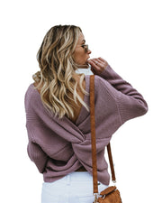 women's v-neck cross backless knit sweater, view 8 - MRSLM