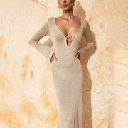 v-neck backless long sleeve knitted dress - MRSLM