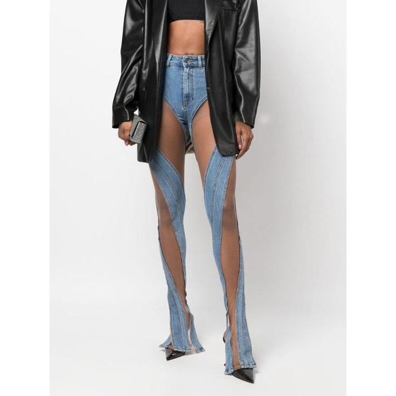 high waist mesh patchwork flare denim pants, view 2 - MRSLM