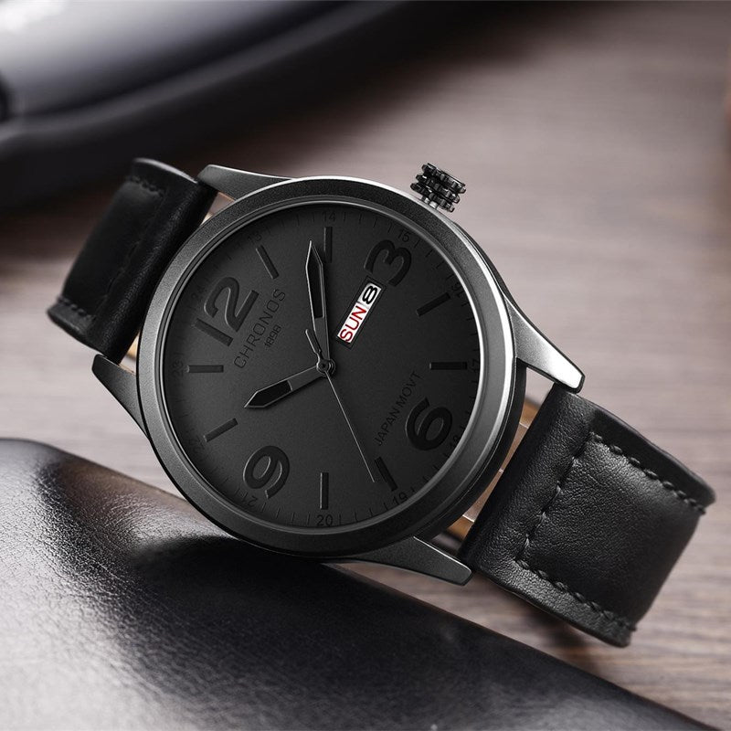 men's leather quartz watch, view 5 - MRSLM