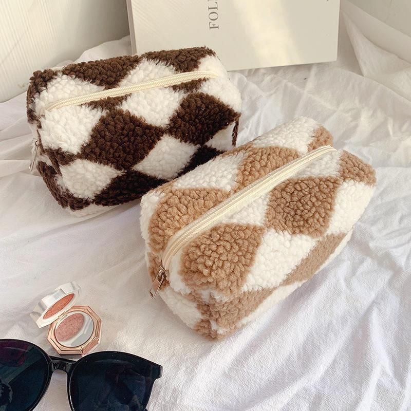 plush plaid barrel makeup bag - MRSLM