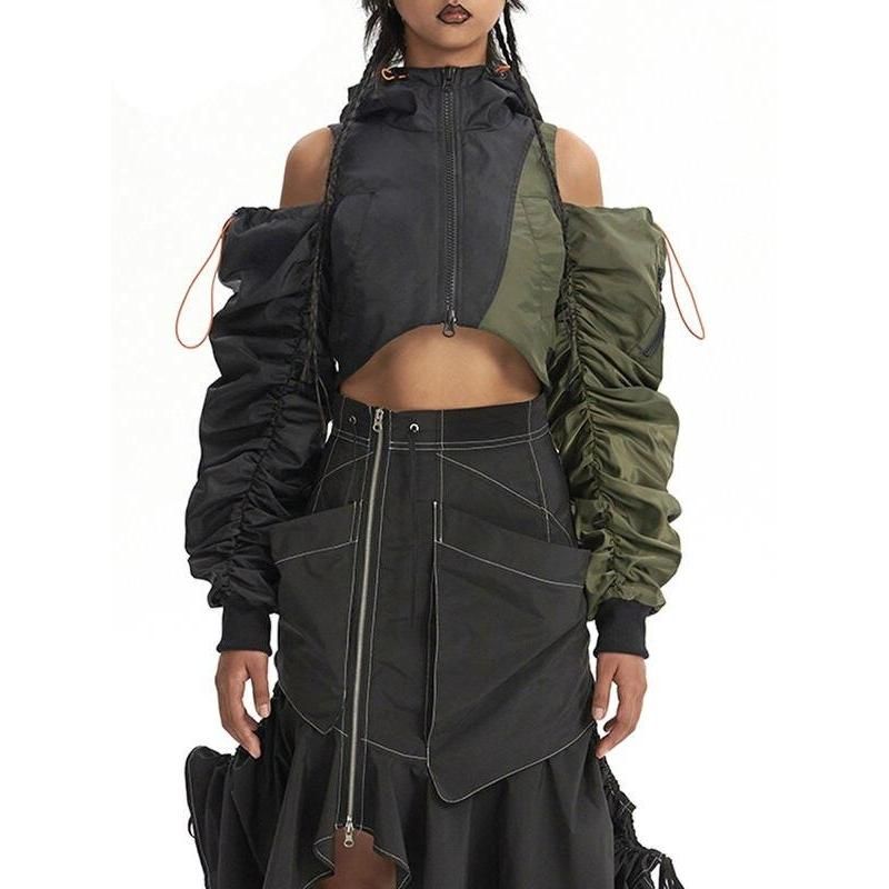 asymmetric hooded patchwork jacket, view 2 - MRSLM
