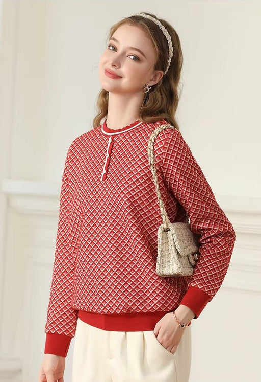 women's plaid knit ribbed sweatshirt, view 2 - MRSLM