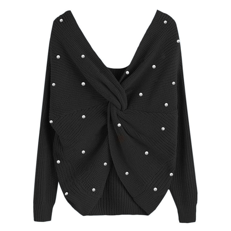 women's v-neck cross backless knit sweater, view 5 - MRSLM