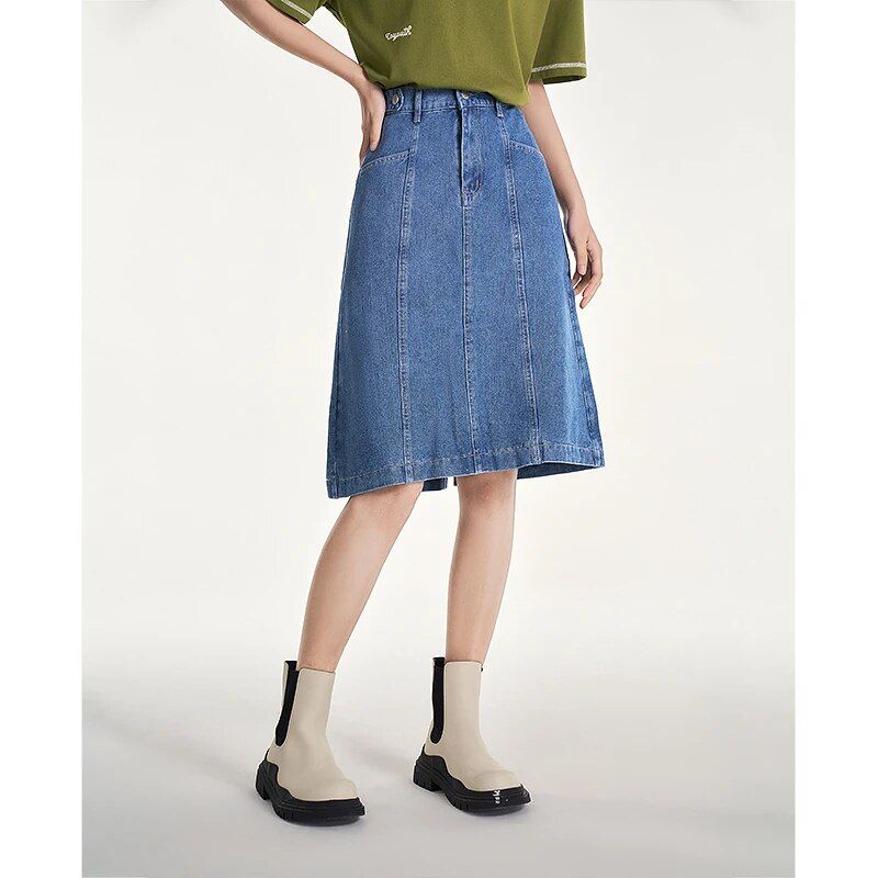 women's blue denim A-line skirt, view 3 - MRSLM