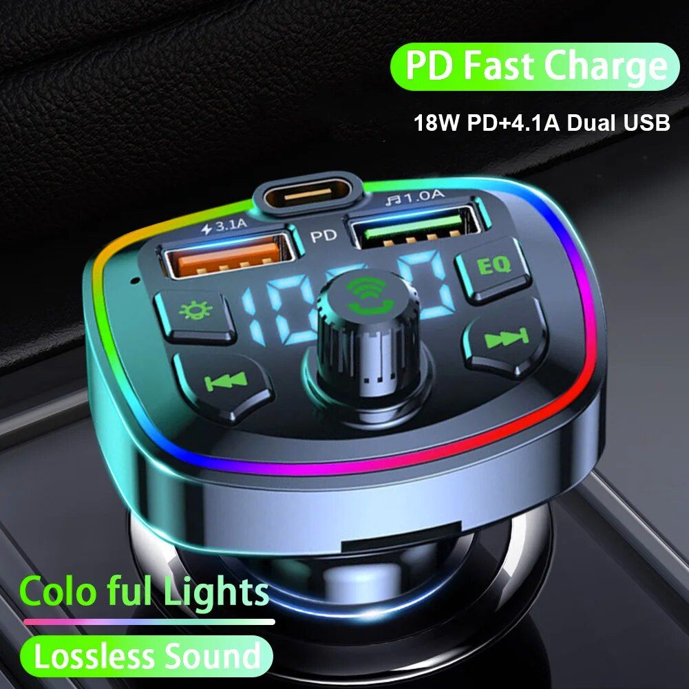 Bluetooth 5.0 Car FM Transmitter with Dual USB PD Charging & LED Backlit MP3 Player