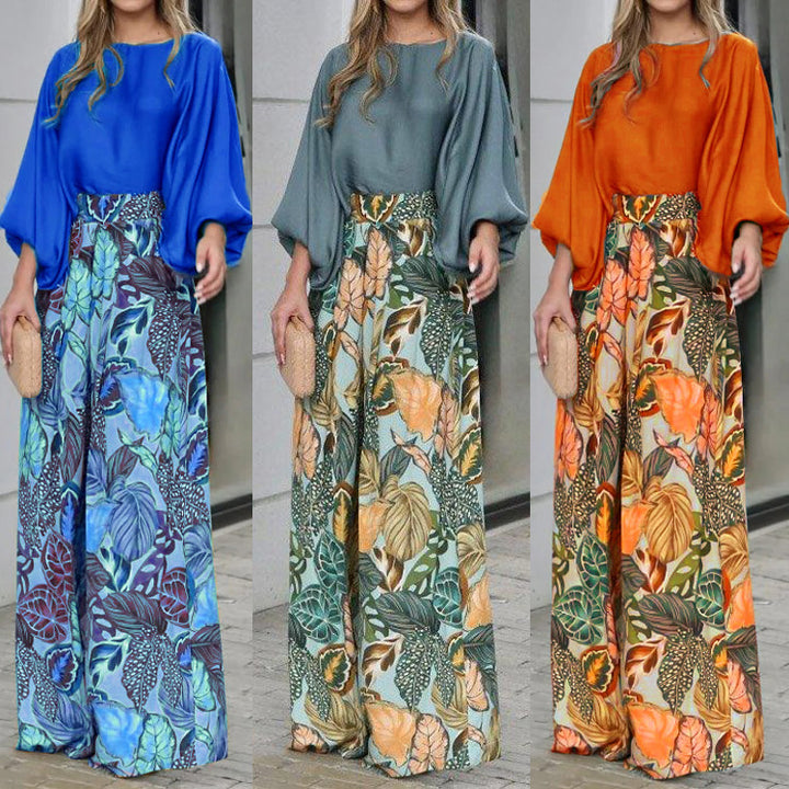 Women's Fashion Lantern Sleeve Printed Top Wide Leg Pants Two-piece Set