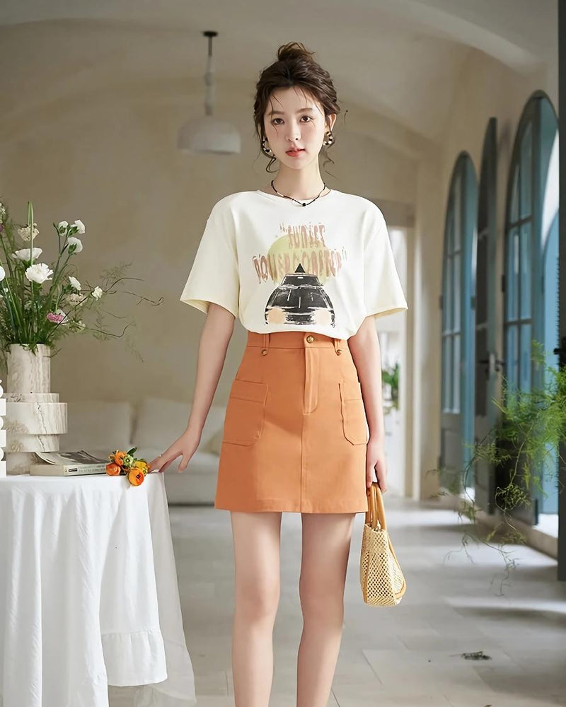 orange high-waist A-line skirt, view 8 - MRSLM