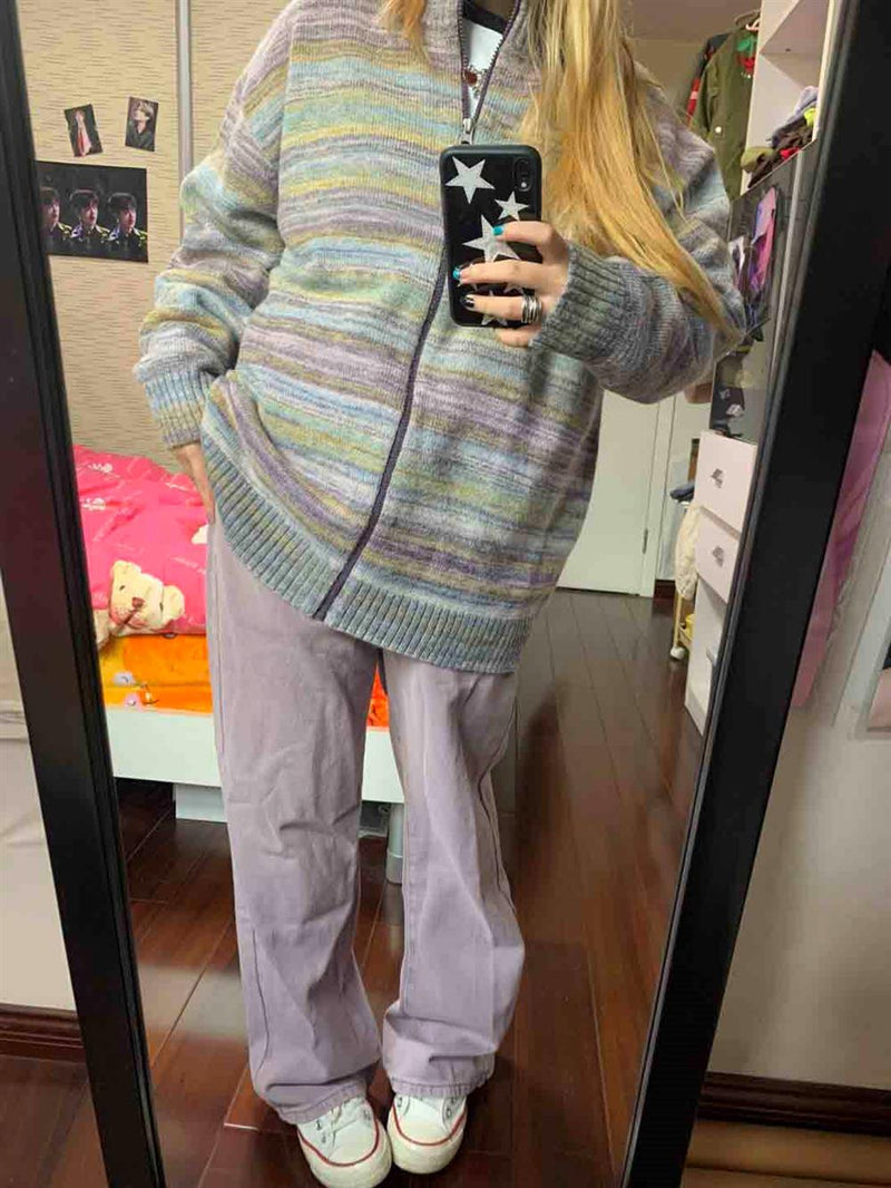 Rainbow Striped Retro Stand Collar Zipper Sweater Cardigan Coat