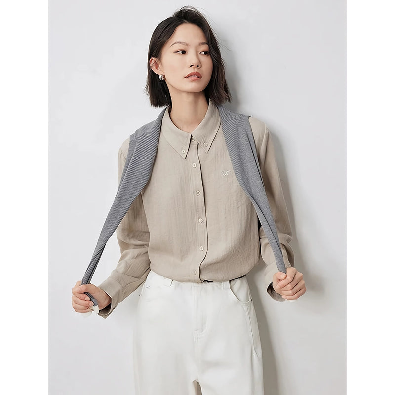 long sleeve linen blouse with embroidery, view 5 - MRSLM