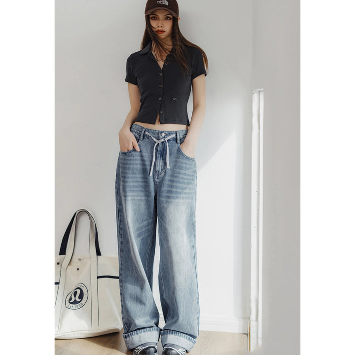 Light Blue Vintage Wide-Leg Jeans with Drawstring Waist for Women