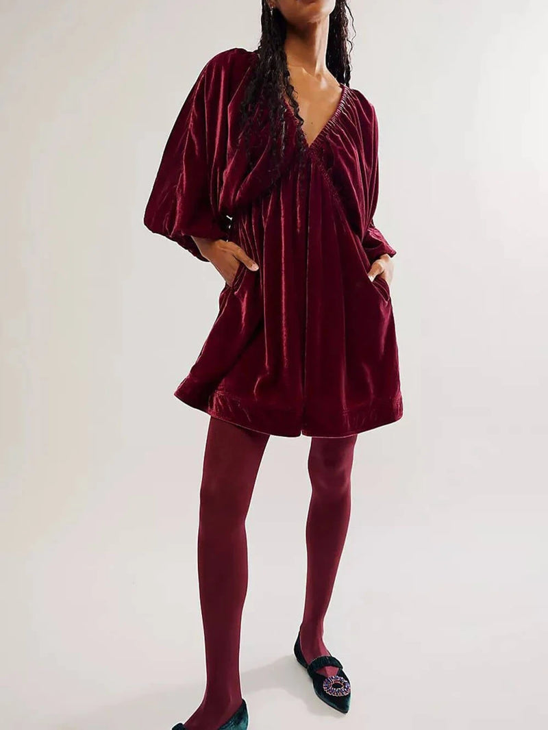 retro velvet v-neck mini dress, view 3 - MRSLM