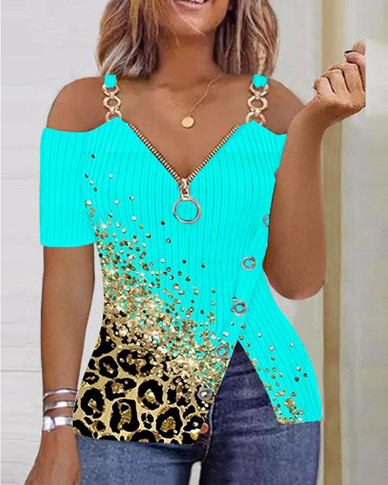 anchor print v-neck zipper t-shirt, view 2 - MRSLM