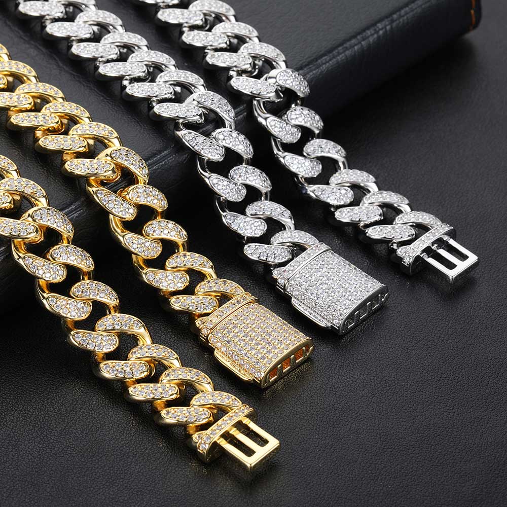 15mm Double Row Full Diamond Cuban Link Zircon Hip Hop Bracelet