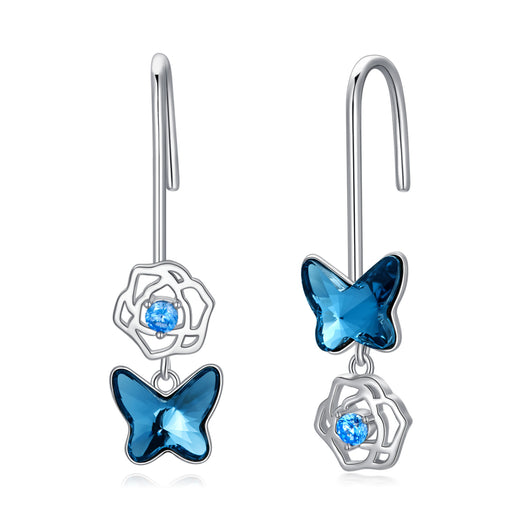 925 silver blue crystal butterfly drop earrings - MRSLM