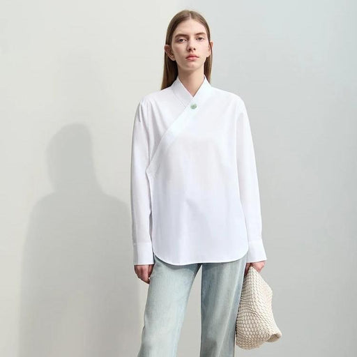 floral stand collar loose blouse - MRSLM