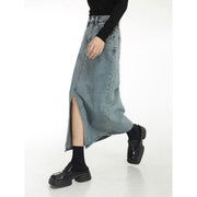 vintage blue denim midi skirt, view 3 - MRSLM