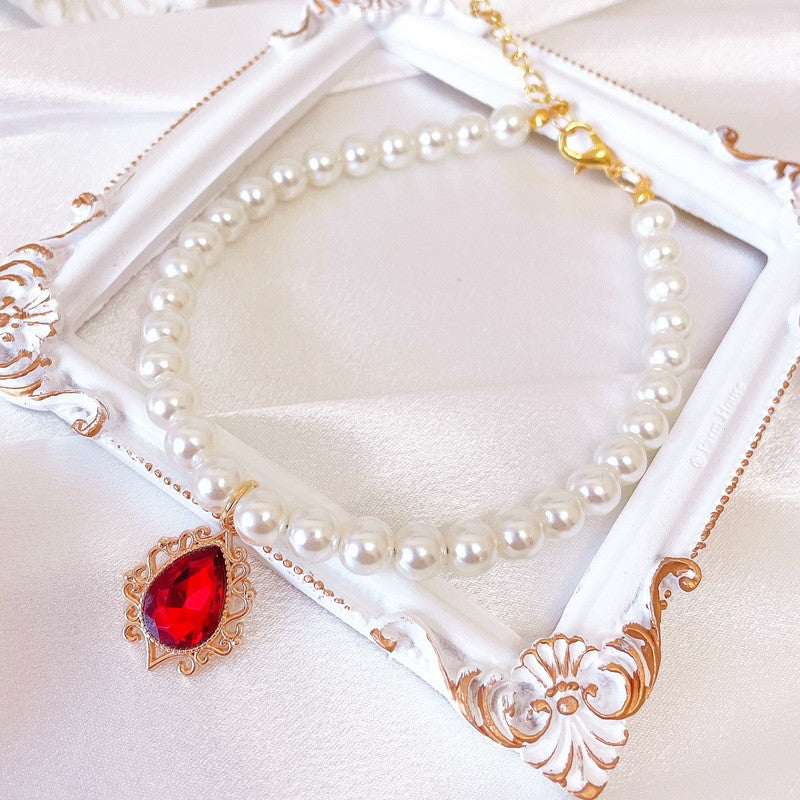 pearl pet collar with rhinestone charm, view 3 - MRSLM
