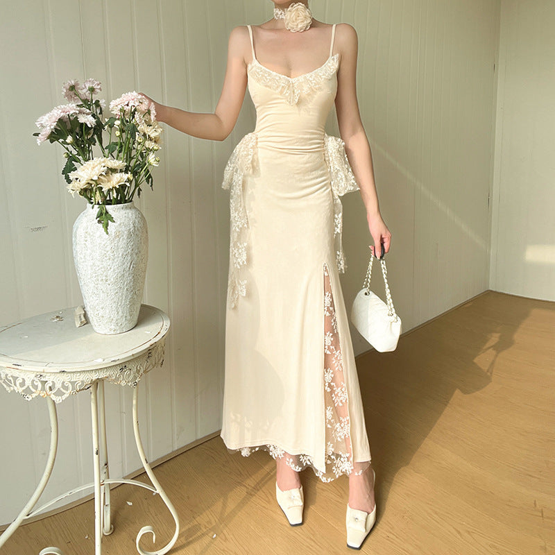Strap lace patchwork slit dress, view 6 - MRSLM