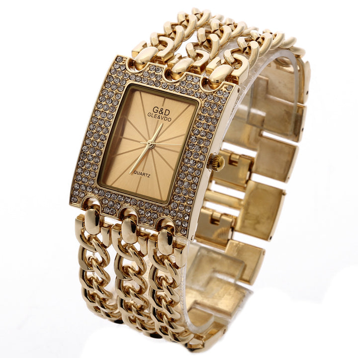 Women's Quartz Watch With Diamonds Three Links Gold And Rhinestones