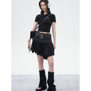 black denim mini skirt with ruffled hem, view 5 - MRSLM