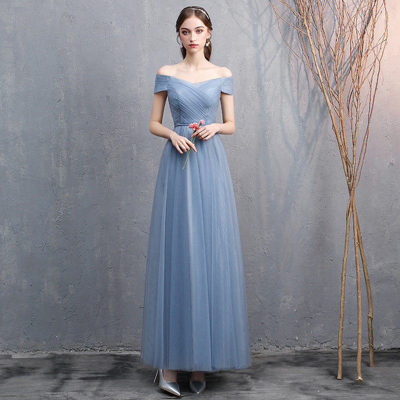 gray-blue off-shoulder banquet dress, view 6 - MRSLM