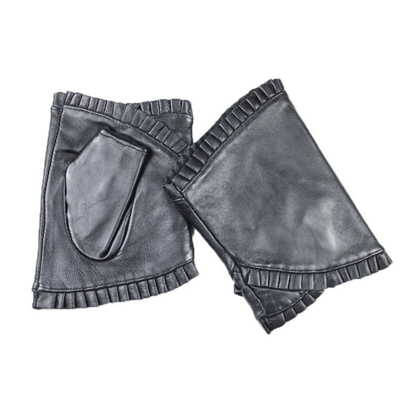 women's leather ruffled half finger gloves, view 4 - MRSLM