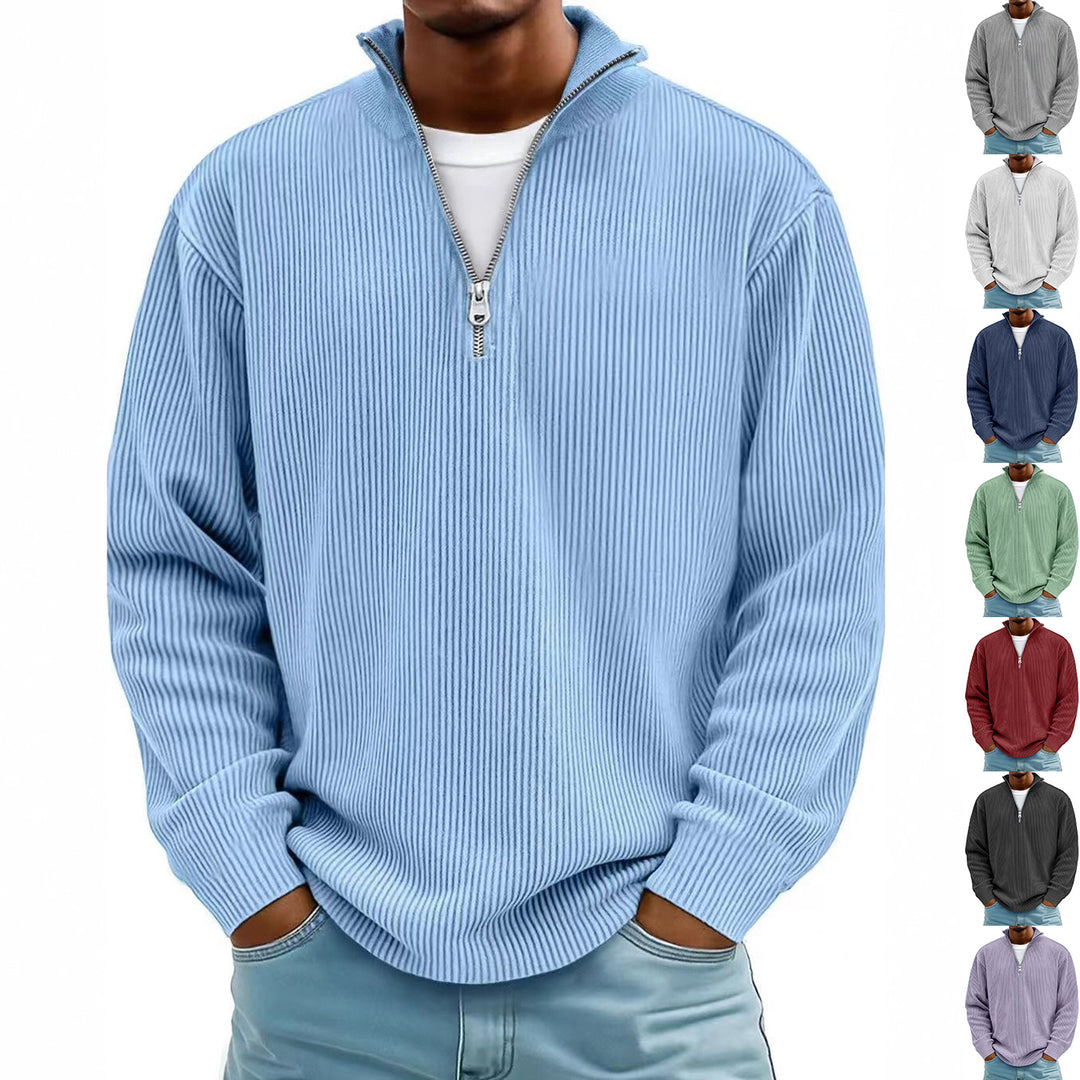 Corduroy Zipper Stand Collar Sweatshirt Fashion Warm Solid Color Long Sleeve Top Men&