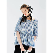 blue plaid puff sleeve shirt, view 3 - MRSLM