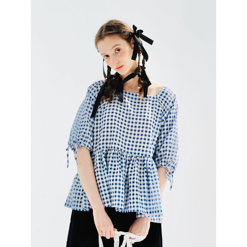 blue plaid puff sleeve shirt, view 3 - MRSLM