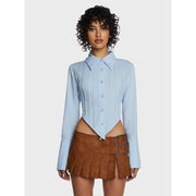 blue lace-up back blouse, view 3 - MRSLM
