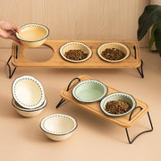 ceramic dog and cat bowl with wood stand - MRSLM