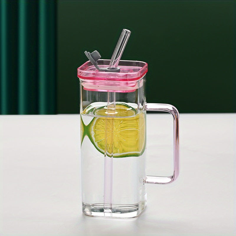 square glass cup with handle and straw, view 4 - MRSLM