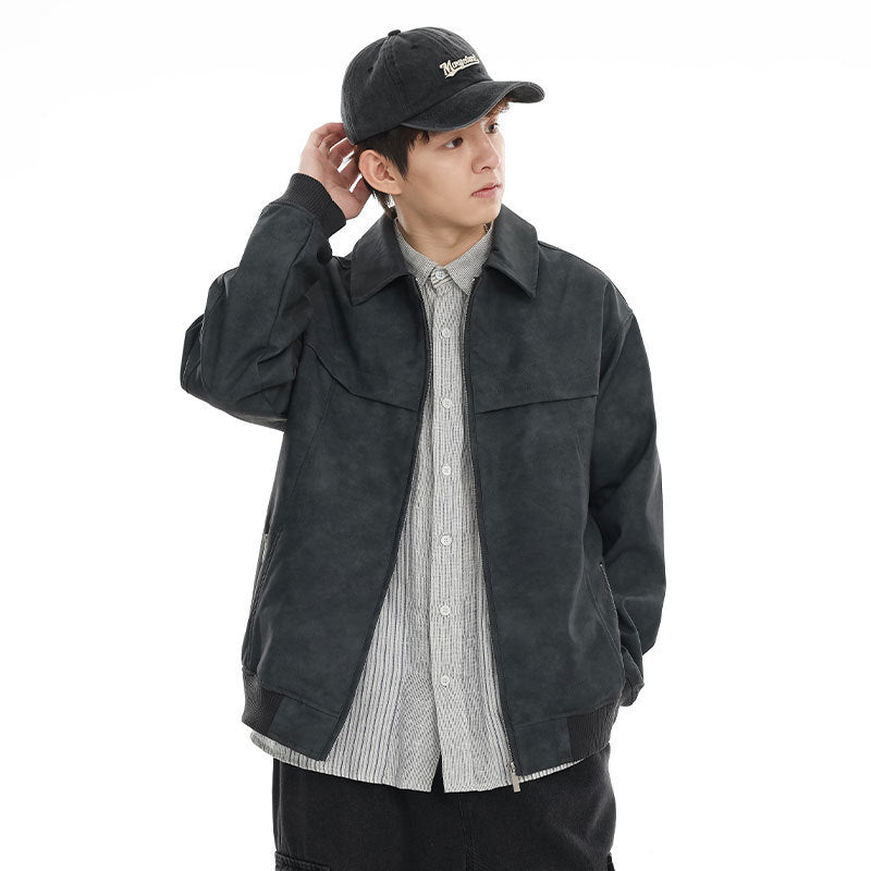 retro distressed PU leather coat, view 3 - MRSLM