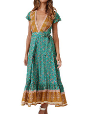 v-neck split bohemian print dress, view 14 - MRSLM