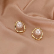 gold simulated pearl stud earrings, view 5 - MRSLM
