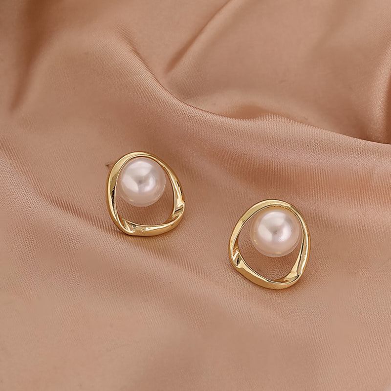 gold simulated pearl stud earrings, view 5 - MRSLM