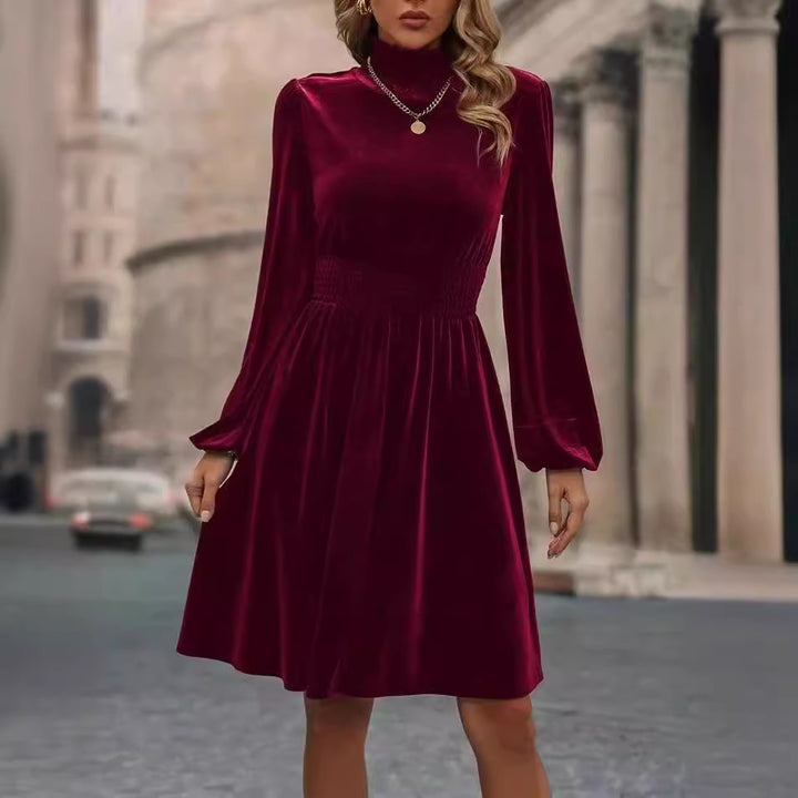 Graceful Stand Collar Solid Color Velvet Long Sleeve Dress