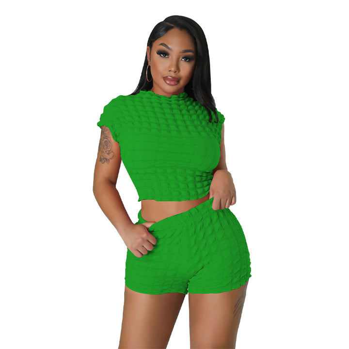 Women's Clothing Hot Sleeveless Midriff-baring Shorts Popcorn Bubble Two-piece Set