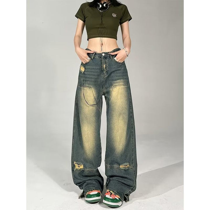 Women's American-style High Street Hip Hop Wide Hole Yellow Mud Dyed Contrast Color Jeans