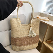 boho woven paper rope tote bag with tassels, view 6 - MRSLM