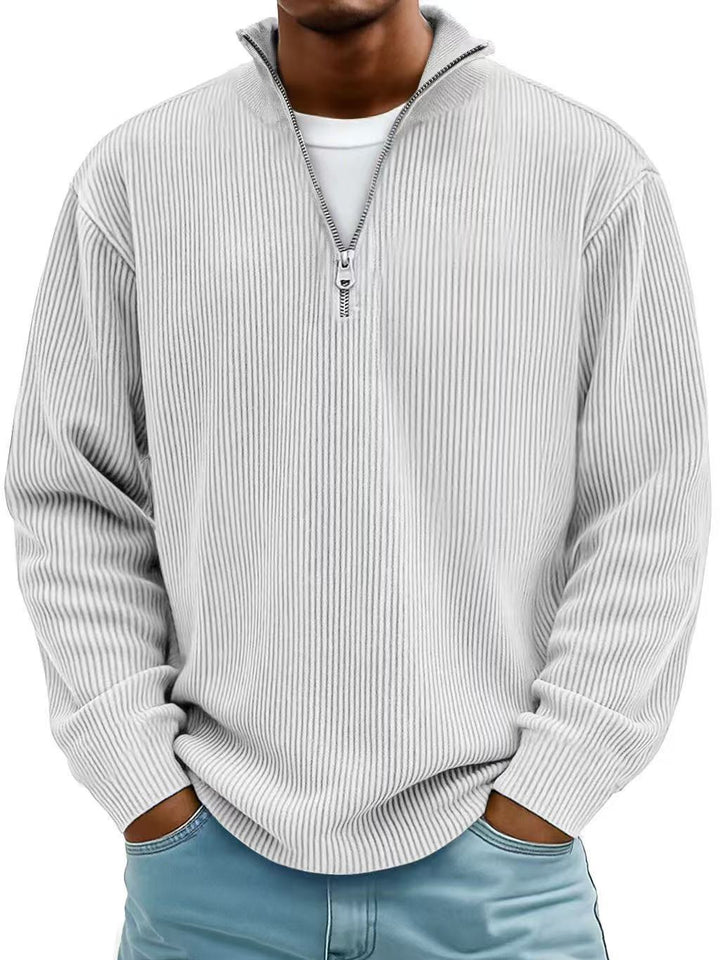 Corduroy Zipper Stand Collar Sweatshirt Fashion Warm Solid Color Long Sleeve Top Men&