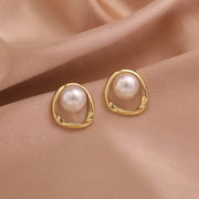 gold simulated pearl stud earrings, view 4 - MRSLM