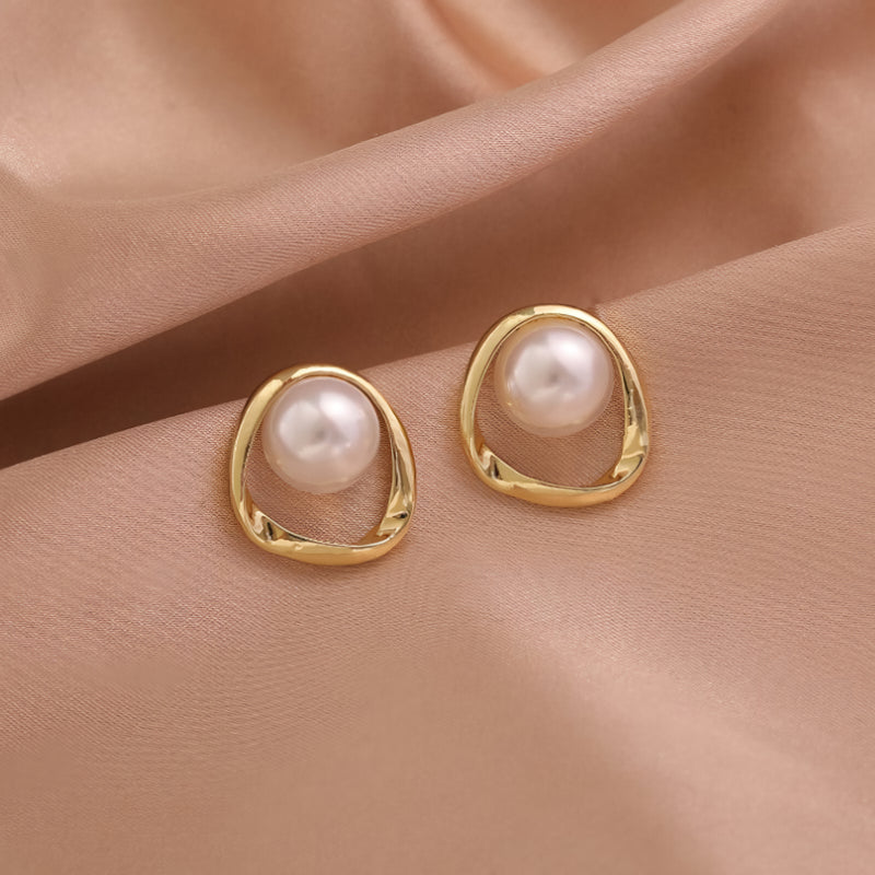 gold simulated pearl stud earrings, view 4 - MRSLM